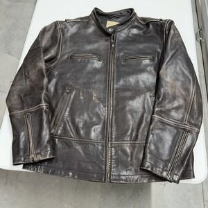 Mens Distressed Brown Leather Motorcycle Jacket Cafe Racer Biker Zip Up Coat